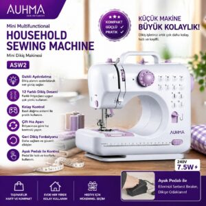 auhma asw2 mini dikiş makinesi | 12 desenli, pedallı, Çift hız ayarlı, taşınabilir ev tipi sewing machine