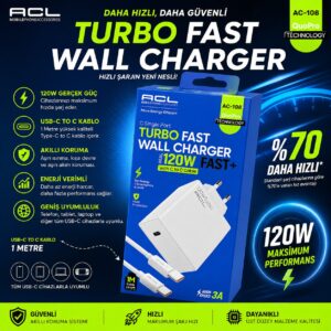 acl ac 108 turbo fast 120w duvar Şarj aleti | usb c hızlı Şarj adaptörü + type c to c kablo, akıllı koruma
