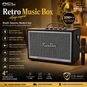 acl retro music box bluetooth hoparlör acs 17 | kablosuz mikrofonlu karaoke speaker, 100w güçlü ses