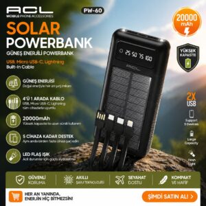 acl pw 60 solar powerbank 20000mah | güneş enerjili taşınabilir Şarj aleti, Çoklu kablolu (usb c, lightning, micro) hızlı Şarj