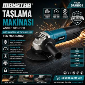 maxstar 1500w taşlama makinesi 115mm | 11000 rpm profesyonel spiral (angle grinder) dfag001