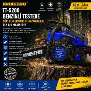 maxstar tt 5200 benzinli testere 52cc 2.1kw | profesyonel ağaç kesme motorlu testere, easy start, 20” kılavuz