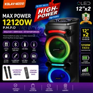 kolav m2212 Çift 12 İnç bluetooth hoparlör | Şarjlı led işıklı taşınabilir ses sistemi 12120w