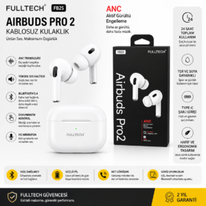 fulltech fb25 airbuds pro 2 bluetooth kulaklık anc aktif gürültü engelleme tws kablosuz kulak İçi 24 saat pil