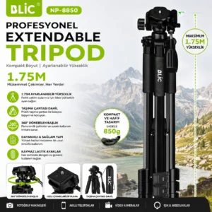 blic np 8850 profesyonel tripod 1.75 metre | telefon & kamera uyumlu ayarlanabilir tripod