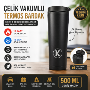 500 ml Çelik vakumlu termos bardak – sızdırmaz kapaklı kahve & Çay termosu siyah